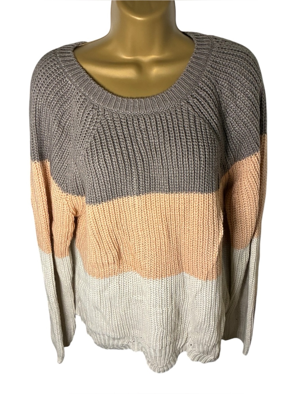 Francesca’s Cyrus Color Block Crewneck Sweater Ribbed Knit Gray Blush Cream XL